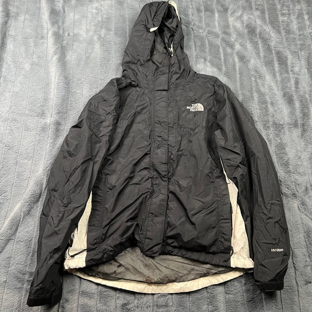 The North Face HyVent Rain Jacket Womens Medium Black White Hooded Windbreaker